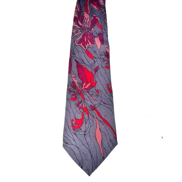 Vintage Pierre Balmain Paris Silk 57” Art Deco Floral Red Pink Purple Print Tie - Picture 3 of 9